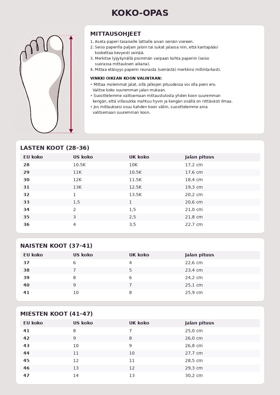 Kokotaulukko / size chart: Kamik Tundra JR -talvikengät